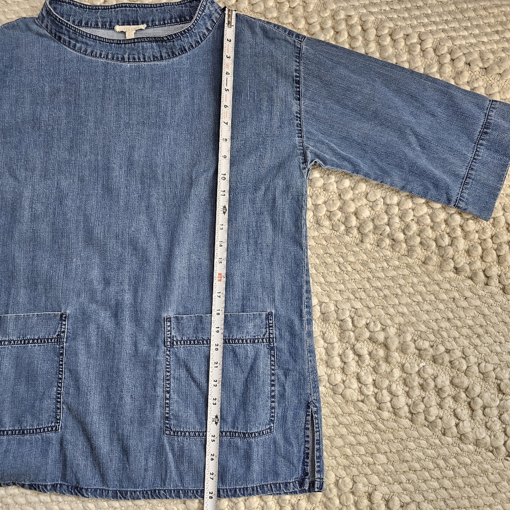 EILEEN FISHER Size Small Blue Boatneck Denim 3/4 Sleeve Top With Pockets - Picture 16 of 16